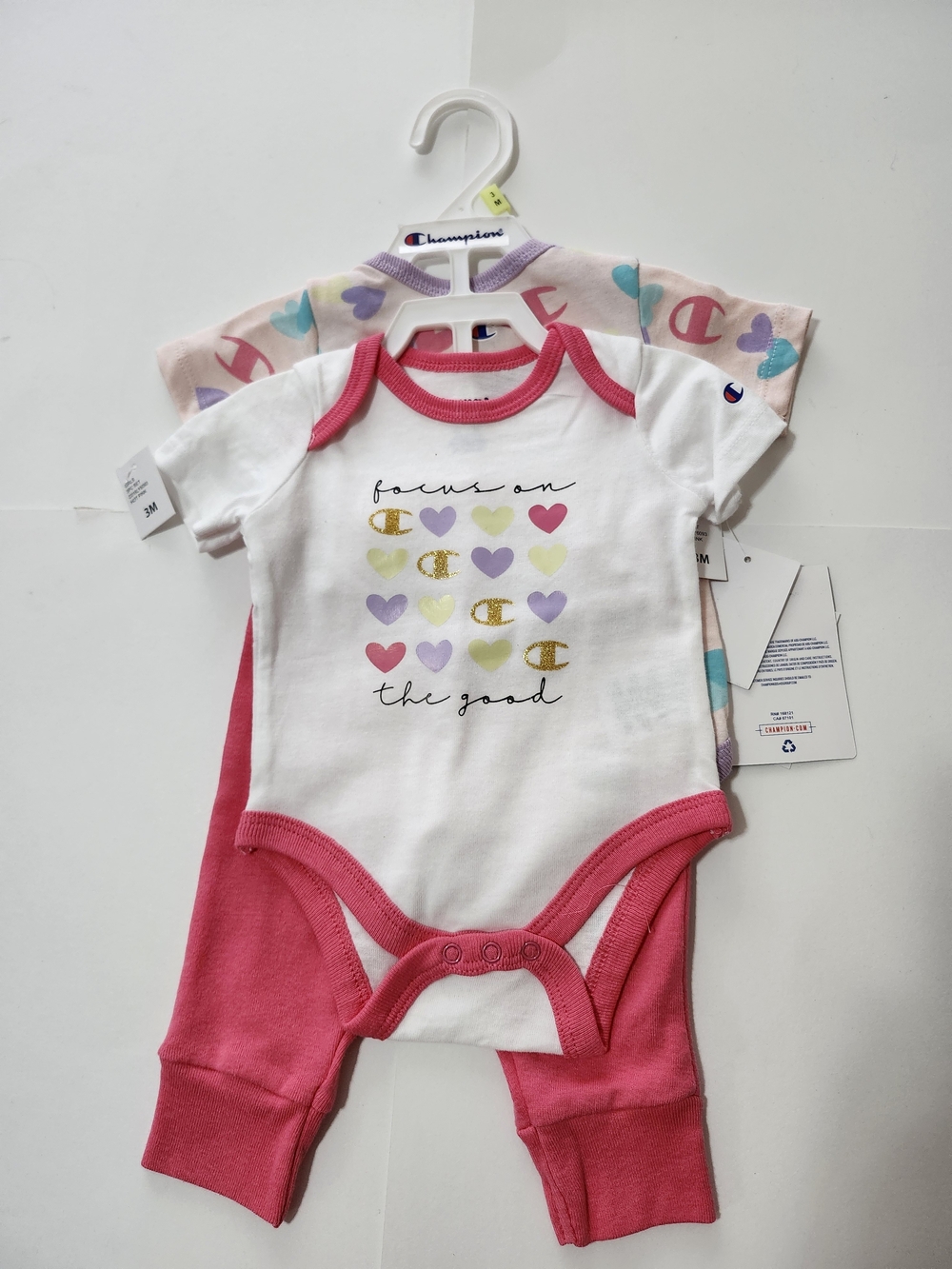 Champion White & Pink Baby 3 One-Piece Bodysuit with Heart Print